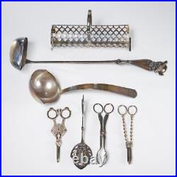 Silver Plate Serving Piece Lot Grape Shears Ladles Tongs Cracker Tray Basket 6pc
