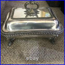 Silver plate covered serving dish convertable top hot water dish four piece