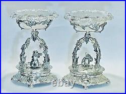 Stunning Pair Of Antique 18C European Silver Plate Center Pieces & Crystal Top
