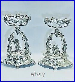 Stunning Pair Of Antique 18C European Silver Plate Center Pieces & Crystal Top