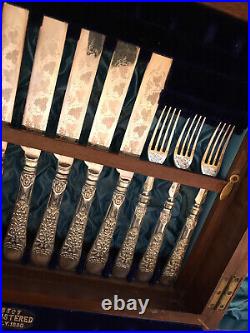 VTG 1880s Etched 28 Piece Silverware Set & Chest Collectible Antique 3 lbs ENG