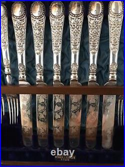 VTG 1880s Etched 28 Piece Silverware Set & Chest Collectible Antique 3 lbs ENG