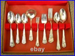 Vintage 1935 Queen Esther Silver Plated Flatware 49 Piece Set Wooden Display Box