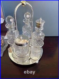 Vintage 4 Piece Silver Plate Glass Cruet Set With Stand