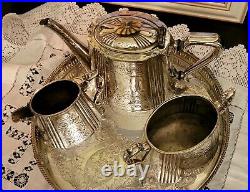 Vintage 4 Piece Silverplate Tea set Creamer Sugar Bowl Galley Tray Sheffield