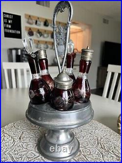 Vintage 6 Piece Antique Silver Plate Cranberry Glass Condiment / Cruet Set