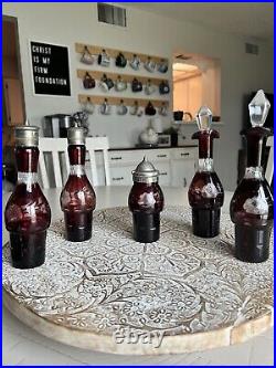 Vintage 6 Piece Antique Silver Plate Cranberry Glass Condiment / Cruet Set