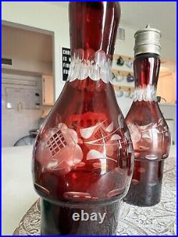 Vintage 6 Piece Antique Silver Plate Cranberry Glass Condiment / Cruet Set