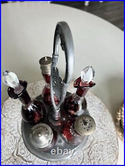 Vintage 6 Piece Antique Silver Plate Cranberry Glass Condiment / Cruet Set