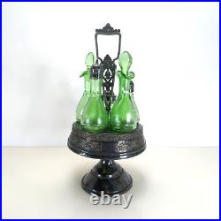 Vintage 6-Piece Green Glass Cruet Castor Set Silver plate Condiment Caddy Used