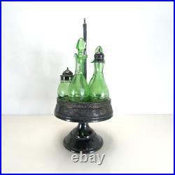 Vintage 6-Piece Green Glass Cruet Castor Set Silver plate Condiment Caddy Used