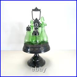 Vintage 6-Piece Green Glass Cruet Castor Set Silver plate Condiment Caddy Used