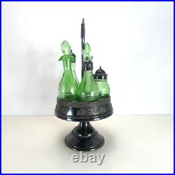 Vintage 6-Piece Green Glass Cruet Castor Set Silver plate Condiment Caddy Used