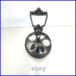Vintage 6-Piece Green Glass Cruet Castor Set Silver plate Condiment Caddy Used