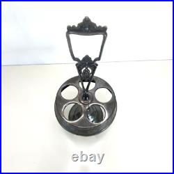 Vintage 6-Piece Green Glass Cruet Castor Set Silver plate Condiment Caddy Used