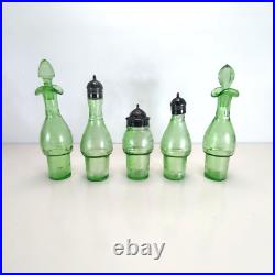 Vintage 6-Piece Green Glass Cruet Castor Set Silver plate Condiment Caddy Used