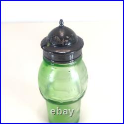 Vintage 6-Piece Green Glass Cruet Castor Set Silver plate Condiment Caddy Used