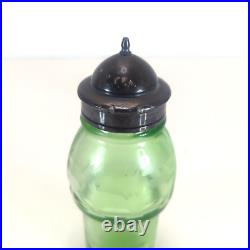 Vintage 6-Piece Green Glass Cruet Castor Set Silver plate Condiment Caddy Used