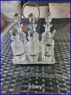 Vintage 6 Piece Silver Plate Cut Glass Condiment Set With Stand