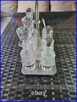 Vintage 6 Piece Silver Plate Cut Glass Condiment Set With Stand