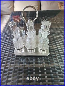 Vintage 6 Piece Silver Plate Cut Glass Condiment Set With Stand