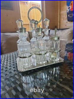 Vintage 6 Piece Silver Plate Cut Glass Condiment Set With Stand