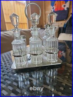 Vintage 6 Piece Silver Plate Cut Glass Condiment Set With Stand