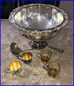 Vintage Antique Sheridan 6 Piece Sterling Silver Plated Punch Bowl Cup Ladle Set