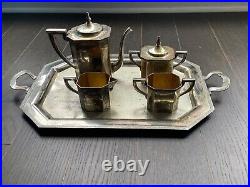 Vintage Art Deco SILO Quadruple Silver Plate Teapot/Coffee Set withTray -5 Pieces