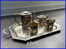 Vintage Art Deco SILO Quadruple Silver Plate Teapot/Coffee Set withTray -5 Pieces