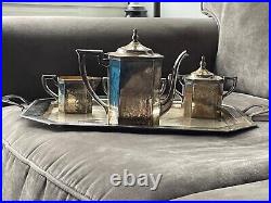 Vintage Art Deco SILO Quadruple Silver Plate Teapot/Coffee Set withTray -5 Pieces