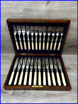 Vintage EPSSS Silver Plated Knives & Forks Fish Cutlery Set with Box (24-Piece)