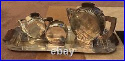 Vintage Escapade Paris MCM French Art Deco 3 Piece Silver Plate Set with Tray
