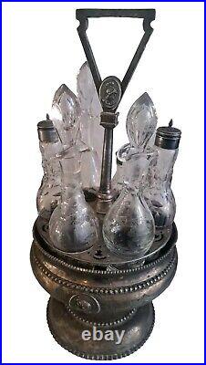 Vintage Etched Glass 6 Piece Cruet Condiment Set Silver Plate Caddy