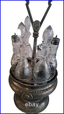 Vintage Etched Glass 6 Piece Cruet Condiment Set Silver Plate Caddy