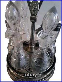 Vintage Etched Glass 6 Piece Cruet Condiment Set Silver Plate Caddy