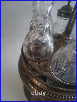 Vintage Etched Glass 6 Piece Cruet Condiment Set Silver Plate Caddy