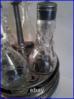 Vintage Etched Glass 6 Piece Cruet Condiment Set Silver Plate Caddy