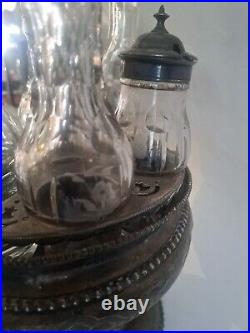 Vintage Etched Glass 6 Piece Cruet Condiment Set Silver Plate Caddy
