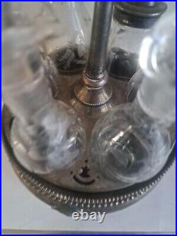 Vintage Etched Glass 6 Piece Cruet Condiment Set Silver Plate Caddy