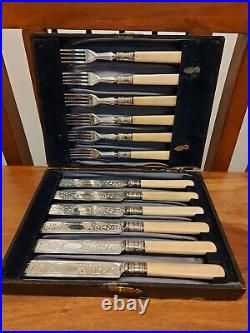 Vintage J Sanderson & Son Silver 12 Peice Knife and Fork Fish Set In Case