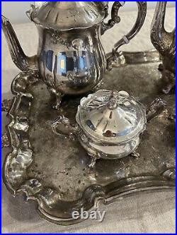Vintage Large Leonard Silver Plate Coffee Tea Set Cream & Sugar With Plater