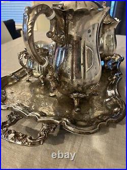 Vintage Large Leonard Silver Plate Coffee Tea Set Cream & Sugar With Plater