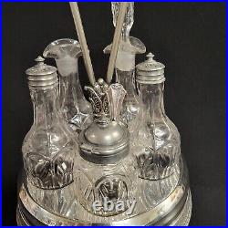 Vintage Lazy Susan Cruet Condiment Set Etched Silver Plate Cut Glass 11 pieces