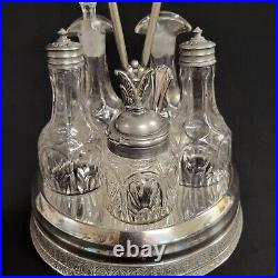 Vintage Lazy Susan Cruet Condiment Set Etched Silver Plate Cut Glass 11 pieces