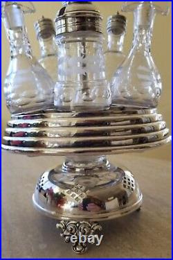 Vintage Lazy Susan Cruet Condiment Set Etched Silver Plate Cut Glass 8 pieces