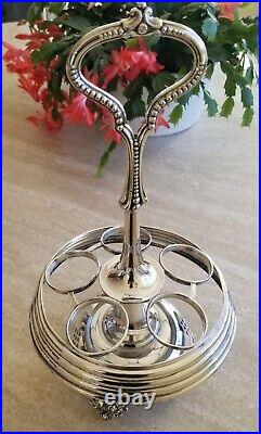 Vintage Lazy Susan Cruet Condiment Set Etched Silver Plate Cut Glass 8 pieces