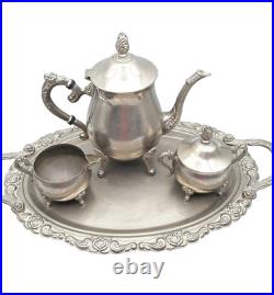 Vintage Leonard 4 Piece Silver plate Teapot Sugar Creamer Oval Serving Tray Set