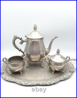 Vintage Leonard 4 Piece Silver plate Teapot Sugar Creamer Oval Serving Tray Set