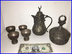 Vintage Silver Plate 6 piece Coffee/Tea Pot, & Sugar Bowl Set 4 Cups Turkey
